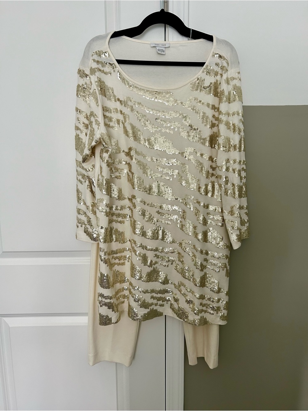 Joan Vass Off White & Gold Sequin Top and Slacks Size 3